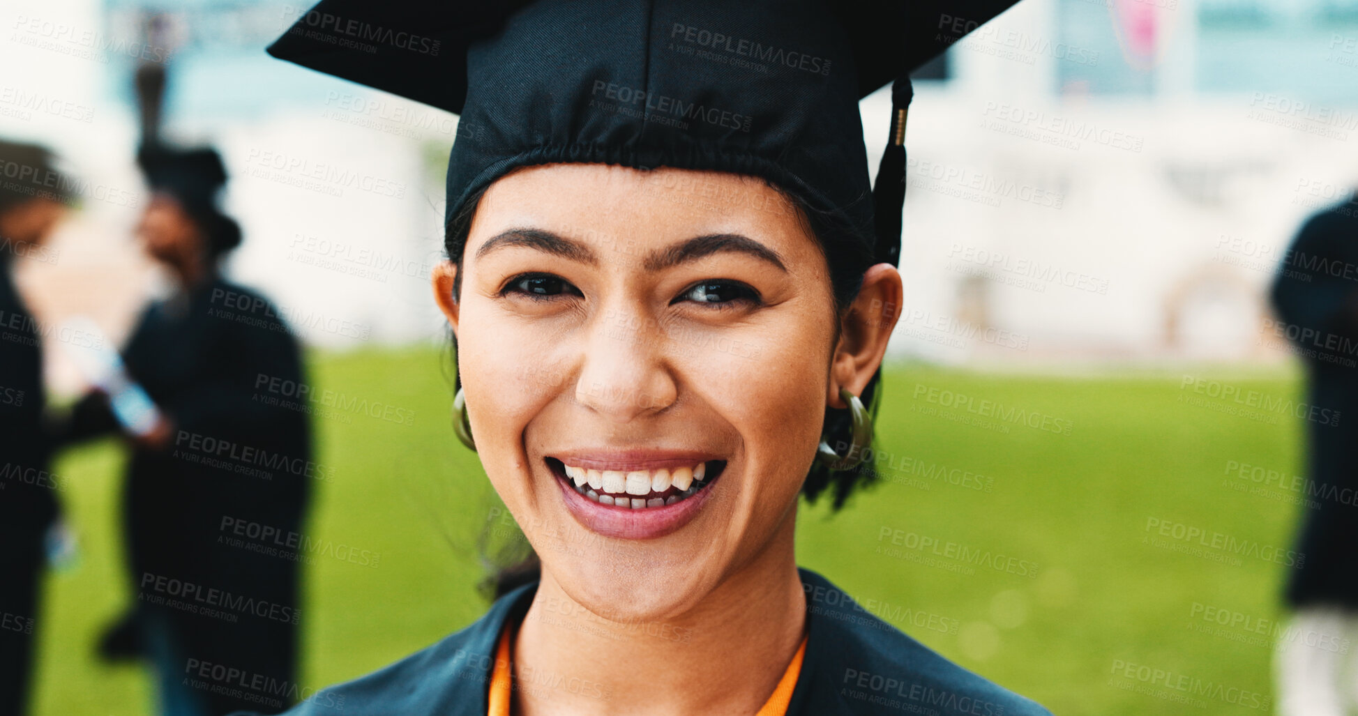 Buy stock photo Woman, graduation and happy outdoor at university for goal, celebration or portrait at campus. Person, college student and smile for success, achievement and pride with cap for scholarship at academy