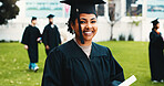 Woman, graduation and outdoor with diploma at university, celebration or portrait at campus. Person, college student and smile for success, achievement or pride with excellence certificate at academy