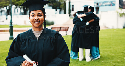 Buy stock photo Portrait, woman or college student at graduation with smile for success, skill development and diploma. Happy, person and pride on campus with scroll for education, scholarship and university degree.
