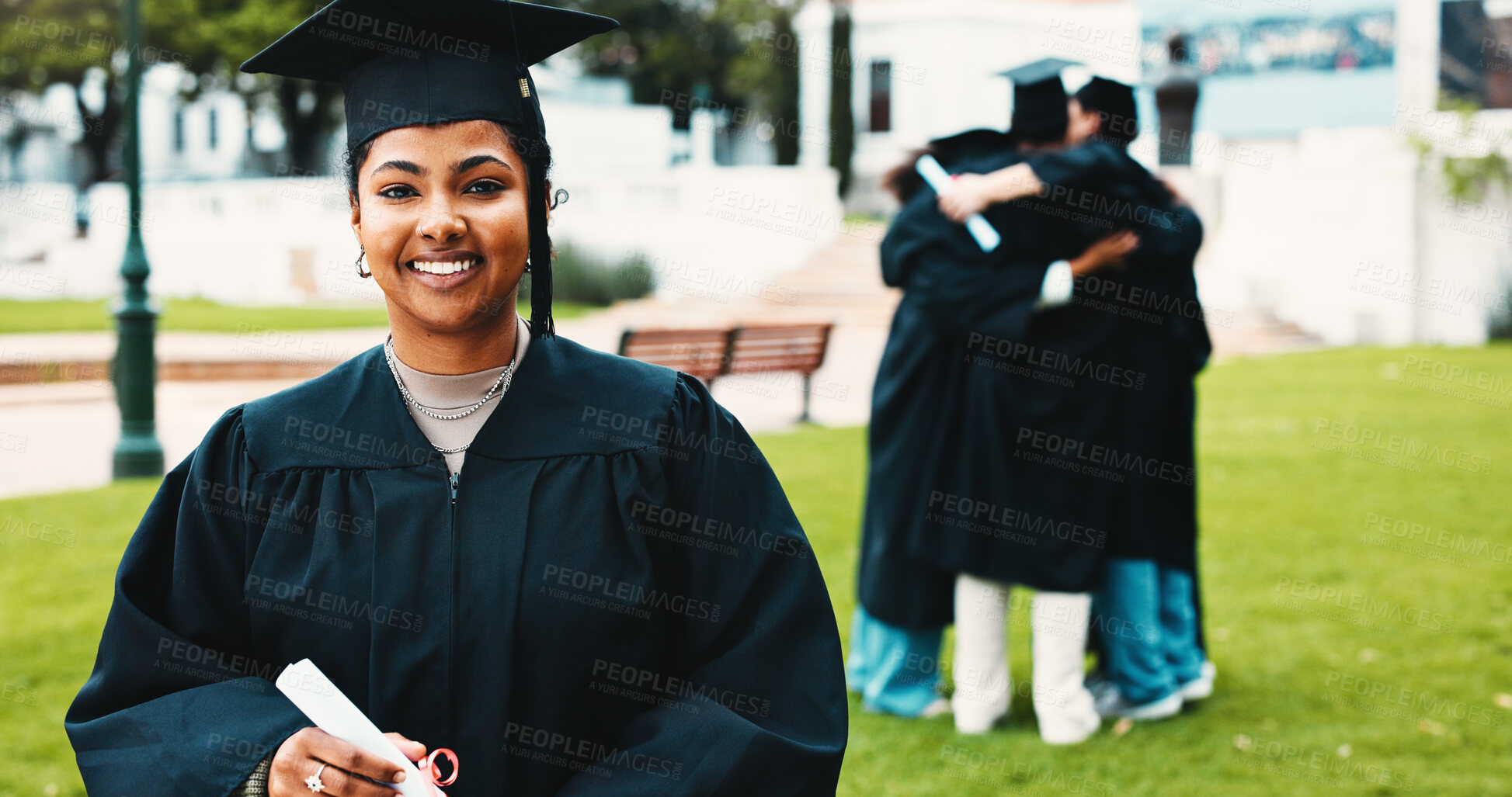 Buy stock photo Portrait, woman or college student at graduation with smile for success, skill development and diploma. Happy, person and pride on campus with scroll for education, scholarship and university degree.
