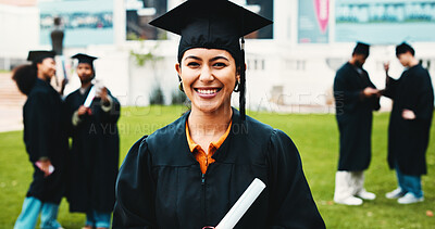 Buy stock photo Woman, graduation and certificate at university in portrait, celebration or excellence at campus. Person, college student and smile for success, achievement or excited for diploma on field at academy