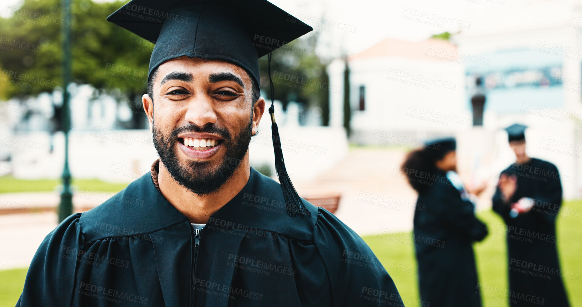 Buy stock photo College, graduation and portrait of happy man outdoor for  university success, achievement and milestone. Graduate, student and person on campus to celebrate education, learning or studying goals