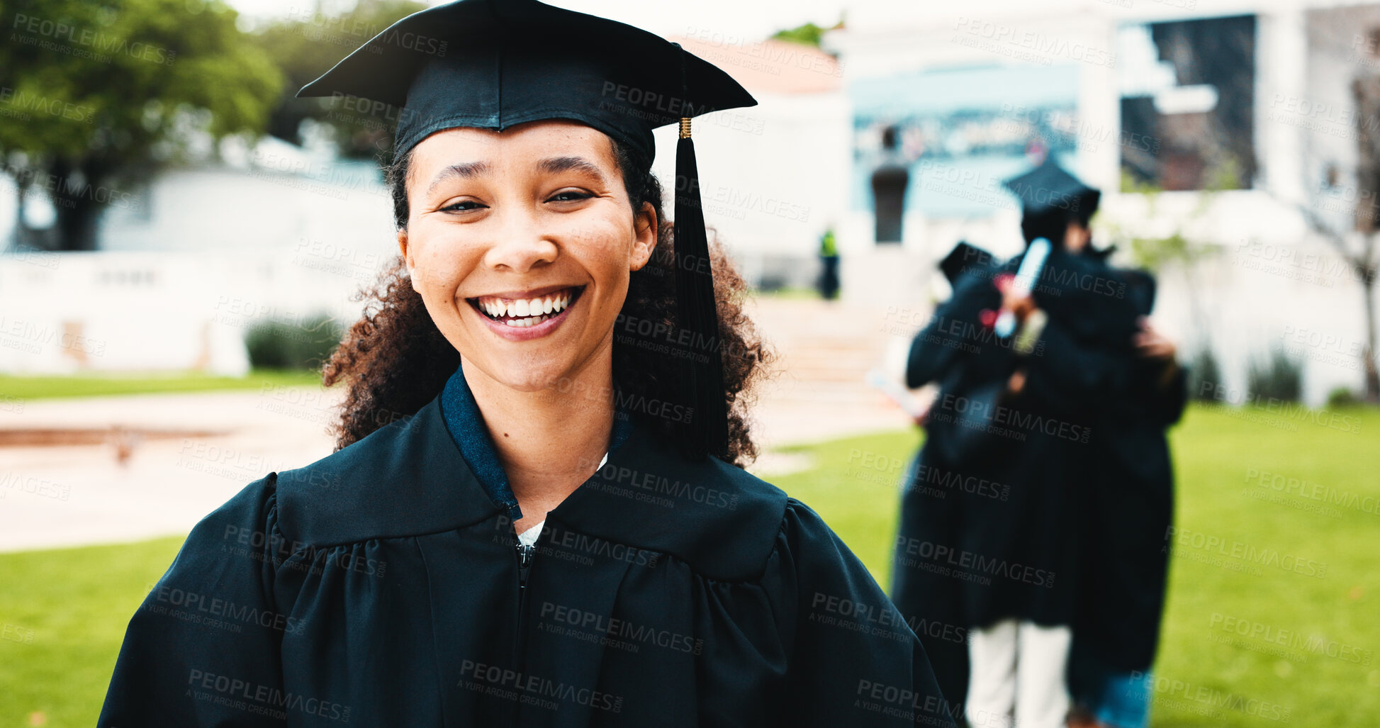 Buy stock photo Woman, graduation and smile outdoor at university for goal, celebration or portrait at campus. Person, college student and happy for success, achievement and pride with cap for scholarship at academy