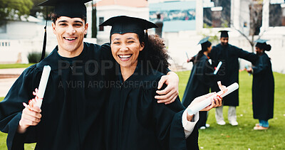 Buy stock photo Friends, graduation and hug with diploma in portrait, support or celebration at university campus. Man, woman and students with embrace for success, achievement and goal with certificate at academy