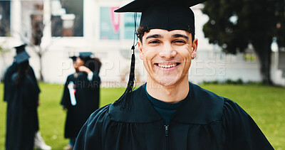 Buy stock photo Happy, graduation and portrait of student outdoor for  university success, achievement and milestone. Graduate, school and man on campus to celebrate education, learning or studying goals at college