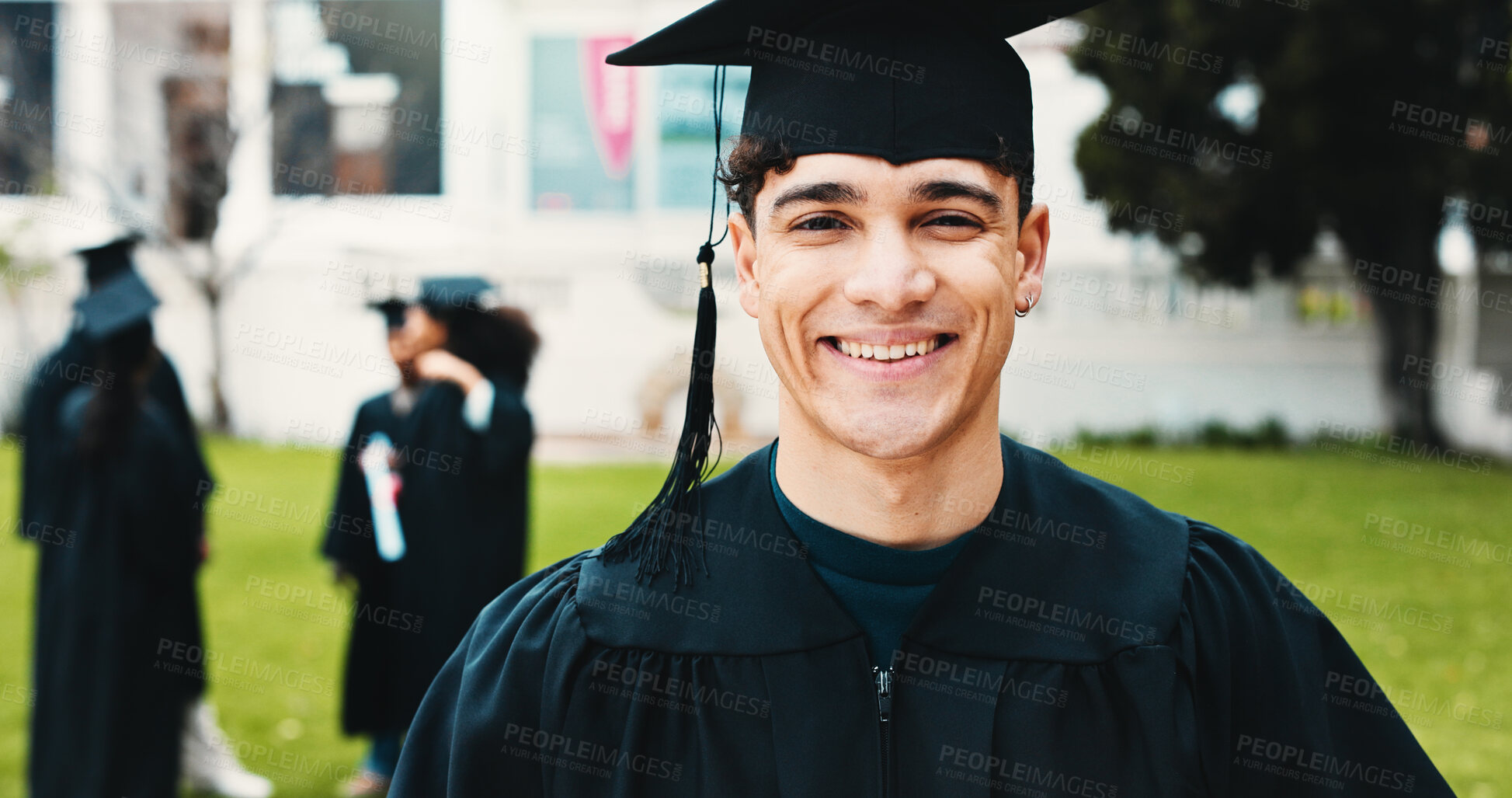 Buy stock photo Happy, graduation and portrait of student outdoor for  university success, achievement and milestone. Graduate, school and man on campus to celebrate education, learning or studying goals at college