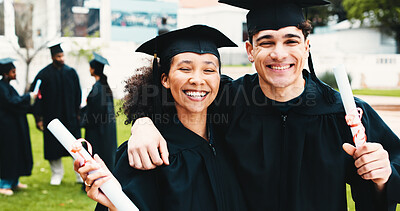 Buy stock photo Friends, graduation and hug with certificate in portrait, happy or celebration at university campus. Man, woman and students with embrace for success, achievement and goal with diploma at academy