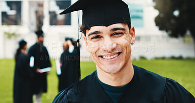 Buy stock photo College, graduation and portrait of man outdoor for  university success, achievement and milestone. Graduate, scholarship and student on campus to celebrate education, learning and studying goals