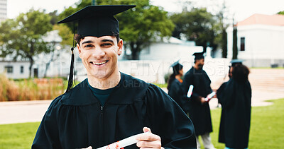 Buy stock photo Man, graduation and certificate at university in portrait, celebration or excellence at campus. Person, college student and smile for diploma, achievement or outdoor for goals on field at academy