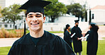 Laugh, graduation and portrait of man outdoor for  university success, achievement and milestone. Graduate, student and person on campus to celebrate education, learning or studying goals at college
