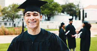 Buy stock photo Laugh, graduation and portrait of man outdoor for  university success, achievement and milestone. Graduate, student and person on campus to celebrate education, learning or studying goals at college
