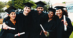 Students, graduation and group with diploma at university for goal, celebration or portrait at academy. Men, women and hug with certificate with success, achievement and support at college campus