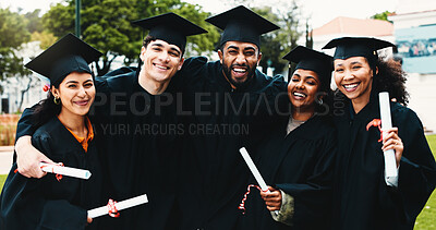 Buy stock photo Students, graduation and group with diploma at university for goal, celebration or portrait at academy. Men, women and hug with certificate with success, achievement and support at college campus