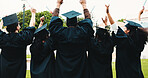Back, university and people with graduation, students and academic achievement with ceremony. Campus, college diploma or group with success, education goals or excited with certificate or celebration
