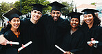 Students, graduation and friends with diploma at university for hug, celebration or portrait at academy. Men, women and group with certificate with success, achievement and support at college campus