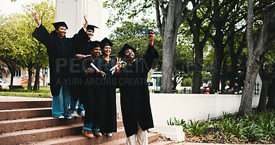 Buy stock photo Graduation, outdoor and students excited for selfie, social media post and academic success on steps. People, diploma and happy at university for photography, friends memory and campus blog update
