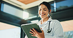 Medical, smile or woman in hospital with tablet, telehealth or breakthrough in patient treatment. Healthcare, happy or doctor in clinic with tech, online consultation or good news in diagnosis report
