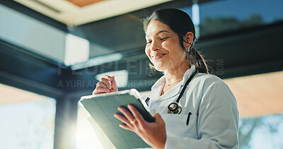 Buy stock photo Smile, doctor and woman with tablet for medical info, patient history or telehealth in clinic. Tech, healthcare professional and person in hospital with insurance records, wellness email or research