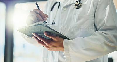 Buy stock photo Hands, doctor and man with tablet pen for medical info, digital signature or telehealth in clinic. Tech, healthcare worker and stylus in hospital for insurance records, wellness email or research