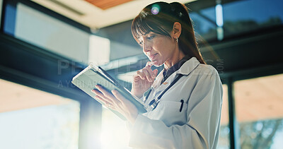 Buy stock photo Medical, tablet and thinking with doctor in hospital for diagnosis results, feedback or planning. App, healthcare and review with mature medicine professional in clinic for agenda or schedule