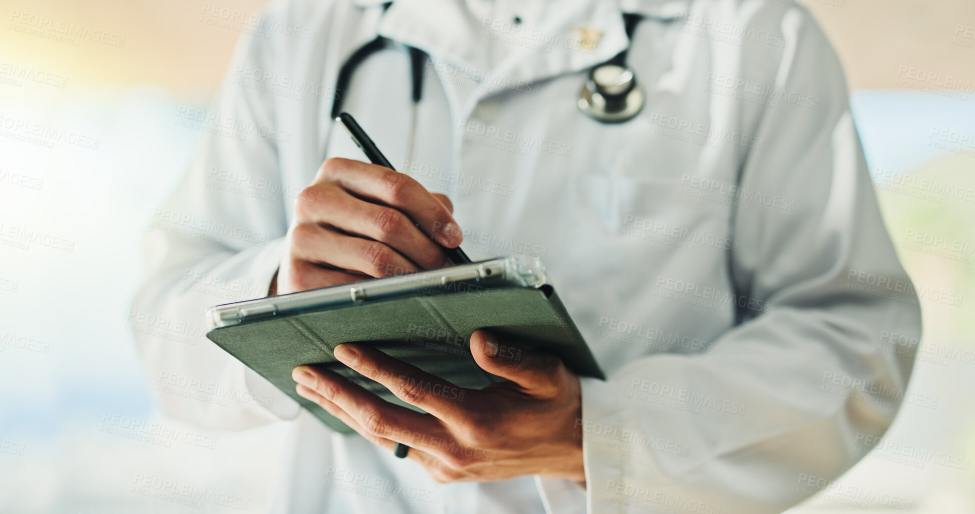 Buy stock photo Hands, doctor and person with tablet pen for medical info, digital signature or telehealth in clinic. Tech, healthcare worker and stylus in hospital for insurance records, wellness email or research