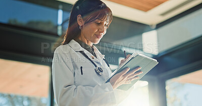 Buy stock photo Pen, doctor and happy woman with tablet for healthcare info, report or telehealth in clinic. Technology, medical and mature person with stylus in hospital with digital signature, email or research