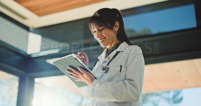 Buy stock photo Medical, flare or woman in hospital with tablet, telehealth or breakthrough in patient treatment. Healthcare, low angle or doctor in clinic with tech, online consultation or good news in diagnosis.