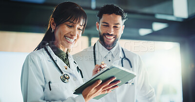 Buy stock photo People, doctor and reading with tablet in hospital for research, medical results and feedback. Staff, teamwork and digital for email, surgery schedule and healthcare information for diagnosis report