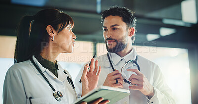 Buy stock photo People, doctor and talking with tablet in hospital for planning, medical results and feedback. Team, explain and digital for research, surgery schedule and healthcare information for diagnosis report