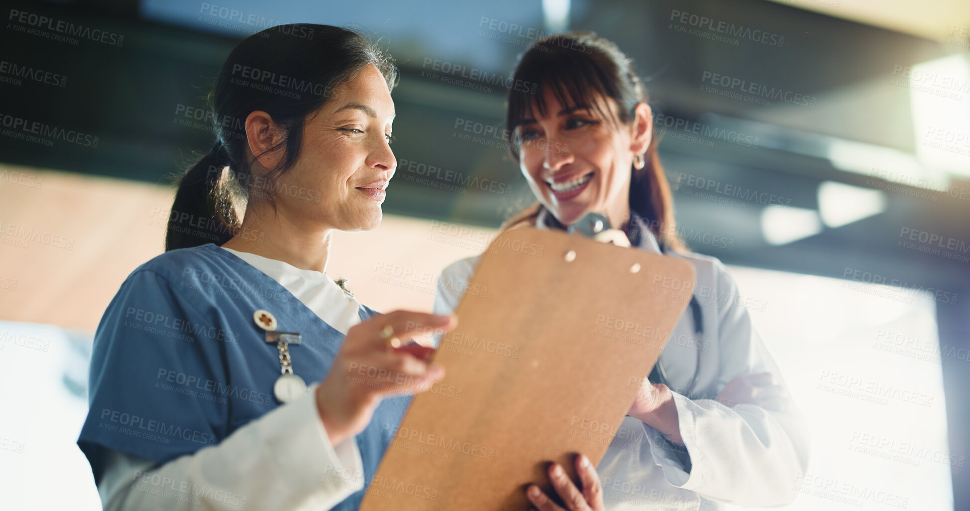 Buy stock photo Smile, people and doctor with clipboard in hospital for agenda, medical results and insurance. Women, team and checklist for records, surgery schedule and healthcare information for diagnosis report