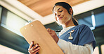 Doctor, happy woman or writing with clipboard in hospital, medical record or instructions for care plan. Healthcare, patient treatment or person review chart for information, lab results or low angle