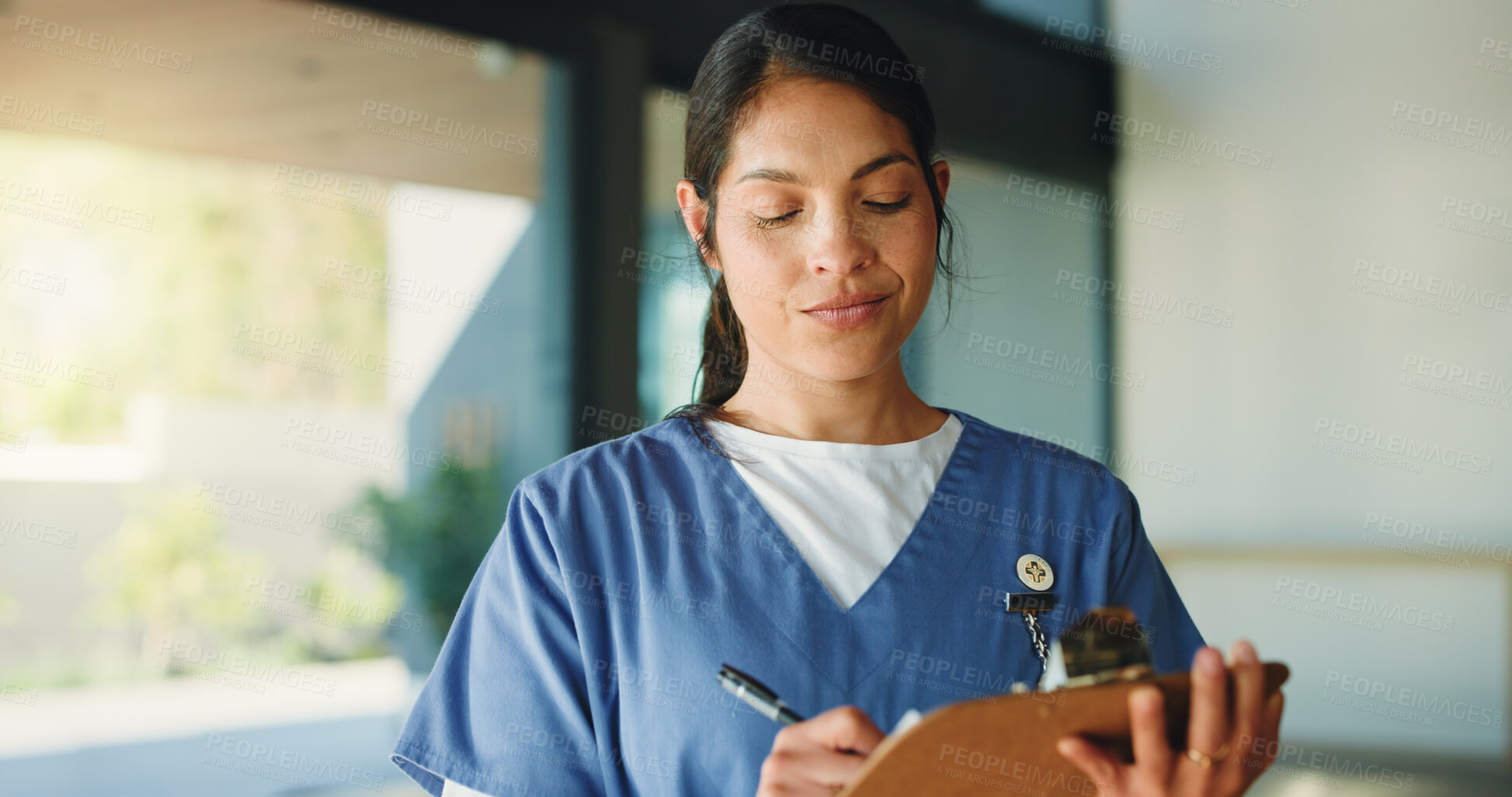Buy stock photo Writing, nurse and woman with clipboard, healthcare and wellness with prescription. Person, medical service or professional with documents, insurance information or checklist with review or schedule