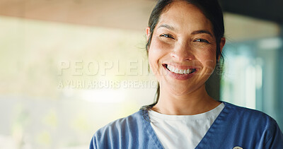 Buy stock photo Happy, woman and portrait of nurse in hospital with confidence for healthcare career with space. Smile, professional and female medical worker with pride for job development in clinic in Vietnam.