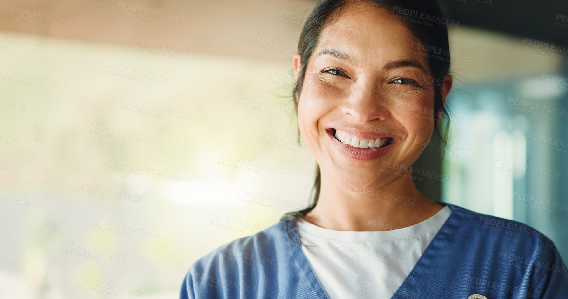 Buy stock photo Happy, woman and portrait of nurse in hospital with confidence for healthcare career with space. Smile, professional and female medical worker with pride for job development in clinic in Vietnam.