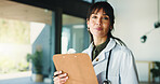 Portrait, doctor and woman with clipboard, healthcare and compliance information with prescription. Person, medical service or professional with documents, hospital policy or checklist with schedule