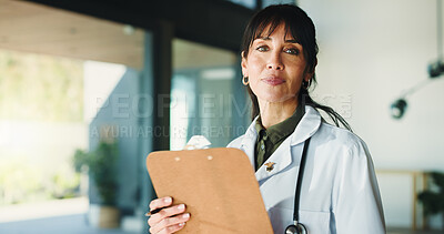Buy stock photo Portrait, doctor and woman with clipboard, healthcare and compliance information with prescription. Person, medical service or professional with documents, hospital policy or checklist with schedule