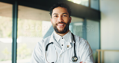 Buy stock photo Happy, man and portrait of doctor in hospital with confidence for healthcare career with service. Smile, professional and male medical worker with pride for job development in clinic in Mexico.
