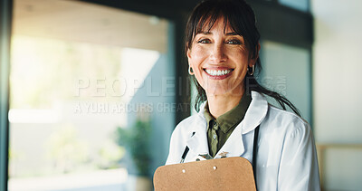 Buy stock photo Portrait, doctor and woman with clipboard, smile and hospital policy with prescription. Happy person, medical service or employee with documents, insurance info or checklist with schedule or planning