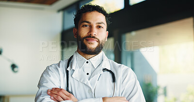 Buy stock photo Crossed arms, man and portrait of doctor in hospital with confidence for healthcare career with service. Smile, professional and male medical worker with pride for job development in clinic in Mexico