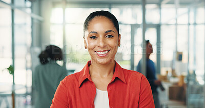 Buy stock photo Portrait, employee and woman with pride in office, journalist and internship for career development. Trainee, reporter and African person with experience opportunity, media and confident in newsroom