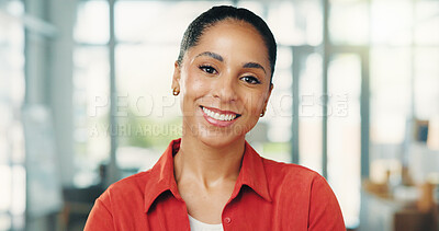 Buy stock photo Portrait, intern and woman with smile in office, confident or journalist with career growth in media. Trainee, reporter and African person with experience opportunity, creative and happy in newsroom