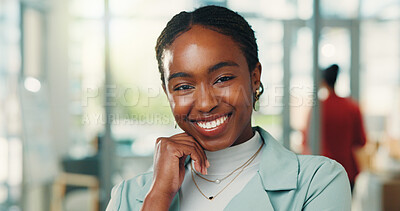 Buy stock photo Portrait, creative and woman with smile in office, journalist and internship for career development. Trainee, reporter and black person with experience opportunity, media and confident in newsroom