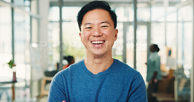 Buy stock photo Portrait, advertising and man with smile in creative agency, branding and project management. Professional, about us and happy marketing director with career development, opportunity and promotion