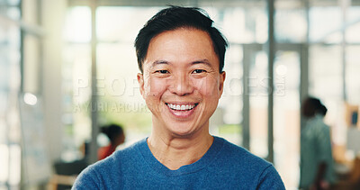 Buy stock photo Portrait, advertising and happy man in creative agency, brand promotion and project management. Professional, marketing director and person with smile for career development, opportunity and about us