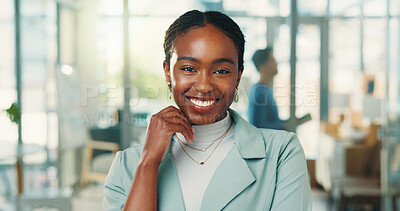 Buy stock photo Portrait, confident and woman with smile in office, journalist and internship for career development. Trainee, reporter and person with experience opportunity, happiness and creative in newsroom