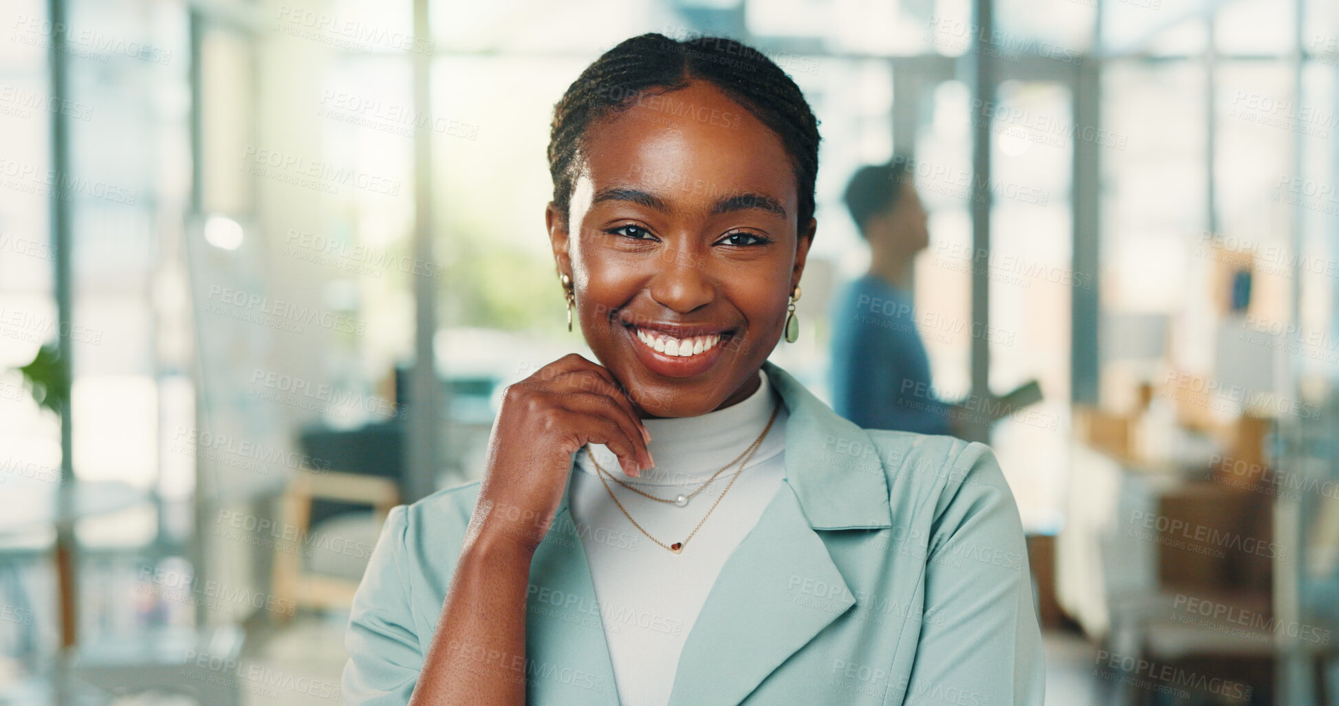 Buy stock photo Portrait, confident and woman with smile in office, journalist and internship for career development. Trainee, reporter and person with experience opportunity, happiness and creative in newsroom
