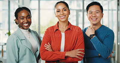 Buy stock photo Portrait, creative team and business people in office, about us and copywriter with arms crossed. Smile, diversity and collaboration with workforce at startup, our vision and confident content writer