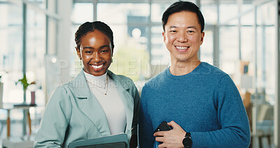 Buy stock photo Portrait, business and people with smile in office for career pride, about us and publication agency. Happy, staff and confidence with tech, journalist team and employees support for news reporting