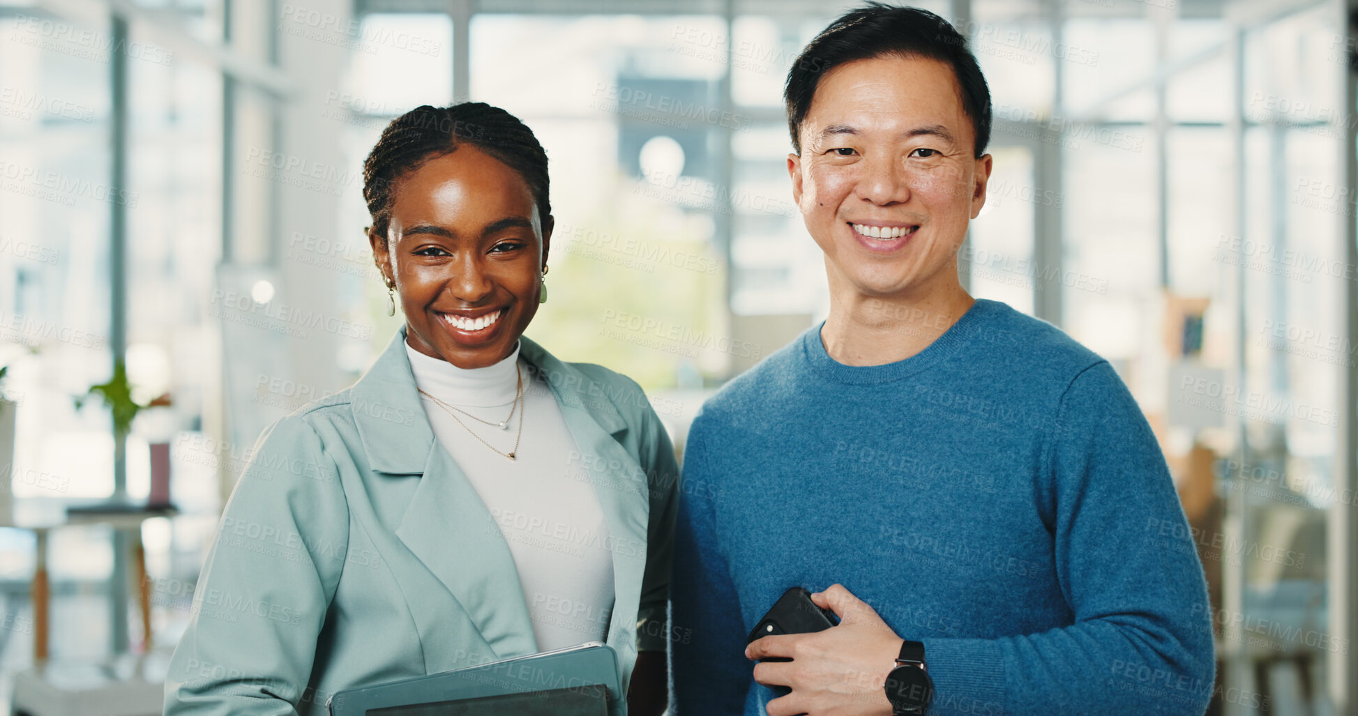 Buy stock photo Portrait, business and people with smile in office for career pride, about us and publication agency. Happy, staff and confidence with tech, journalist team and employees support for news reporting