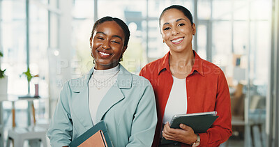 Buy stock photo Portrait, creative and women with tech, office or happy for story opportunity, journalists and team. Confident, reporters and people with smile for career growth, media and collaboration in newsroom